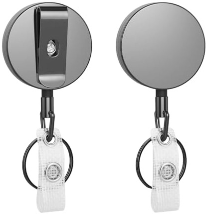 2 Pack Heavy Duty Retractable Badge Reel, Metal ID Badge Holder with 60 cm Nylon Cord, Belt Clip and Key Ring for ID Cards, Name Badges and Keys