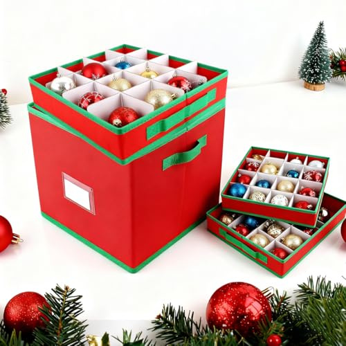 FePen Aufbewahrungsbox für Christbaumkugeln, Aufbewahrungsbox für Weihnachtsdeko, Box Aufbewahrung 64 Fächer kugelbox weihnachten, stapelbar, mit Deckel, Reißverschluss