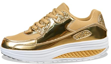 Glitter Sports Shoes Women's Trainers Breathable Soft Sole Shoes Laces Walking Shoes Outdoor Running Shoes Sneakers Sequins Flat Low Shoe Wide Training Shoes, gold, 8.5 UK