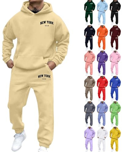 Jogginganzug Herren Trainingsanzug Freizeitanzug Einfarbig Hoodie Langarm mit Taschen Hausanzug 2-Teilig Fitness Kapuzenjacke Jogginghose Sportanzug Set Jogging Jogging Gym Tracksuit, Beige L