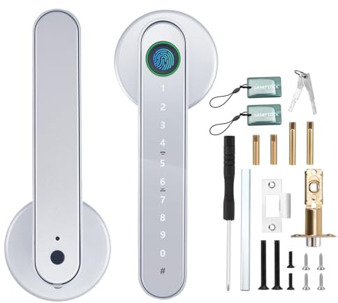 Fingerprint Door Lock, 5 in 1 Smart Door Lock Electronic Smart Door Handle Keyboard Password Bluetooth Lock Digital Auto Lock Biometric Lock with APP IC Cards for Bedroom Office Apartment (Silver)