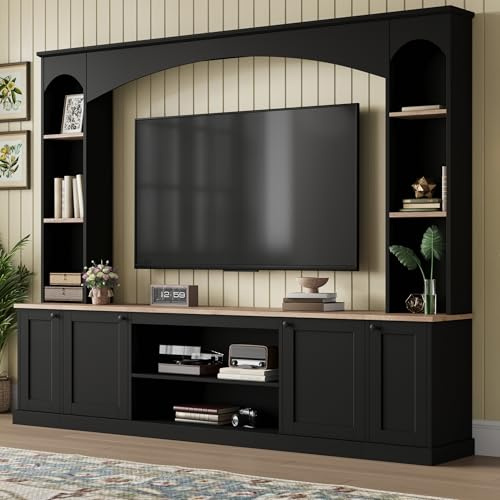 Merax Elegant Arched Entertainment Center Wall Unit with Bookshelf, Minimalism TV Stand for Televisions up to 70, Mid-Century Media Console with Adjustable Shelves for Living Room, Black