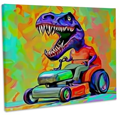 3dRose Funny Cute T-rex Dinosaur riding Lawn Mower cutting grass Museum Grade Canvas Wrap 20x16