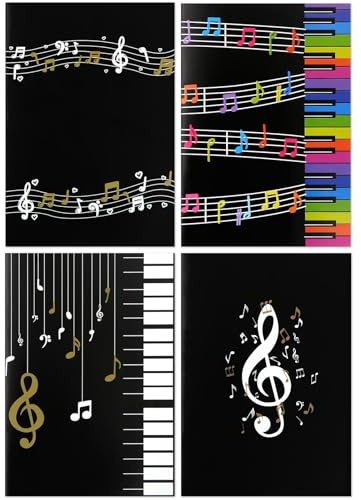 Geluode Lot de 4 carnets de notes de musique A5, design notes et piano, 4 cahiers lignés pour étudiants, écriture de chansons, agenda, cadeau pour les amateurs de musique