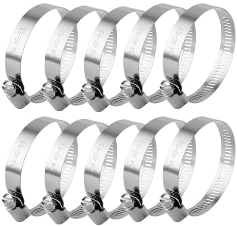 10Pcs Collier de Serrage Tuyau Réglable 40-63mm, Collier de Serrage Inox 304 Collier Serrage Métallique pour Tuyaux, Plomberie,Piscine et Applications Mécaniques avec Fixation Sécurisée