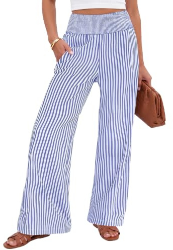 Xiaoliny Pantaloni Donna Estivi Righe Verticali Pantalone a Gamba Larga Vita Alta Elastica Leggero Elegante Pantaloni Palazzo con Tasche Casual Tuta Pantaloni Larghi da Tempo Libero Spiaggia Vacanze