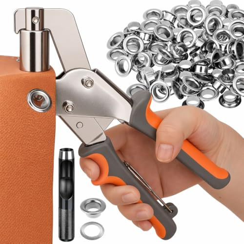 Pince à Œillets pour Bâche 10 mm, Kit Pose Œillets avec 200 Œillets Métalliques en Fer et Poinçon Noir, Pince Perforatrice, Grommet Tool Kit pour Cuir, Toile, Tissus, PVC et Réparation