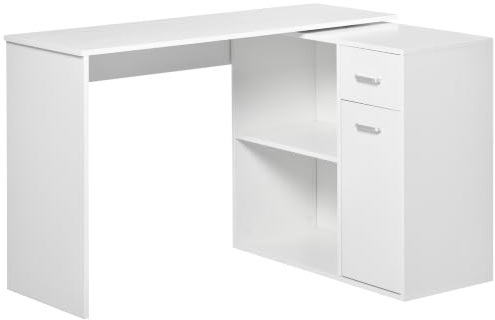 HOMCOM L-Shaped Desk Corner Computer Desk for Home Office White Wood Grain | Adjustable Study Table, Storage Shelf, Drawer and Cabinet, Workstation
