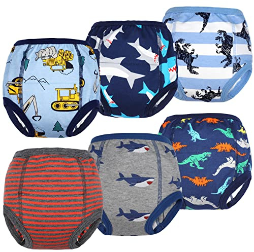 FLYISH DIRECT Braguitas de Aprendizaje para niños, Calzones de Entrenamiento 100% algodón,Pantalones de Entrenamiento para bebés Paquete de 6, Tiburón, 5 años