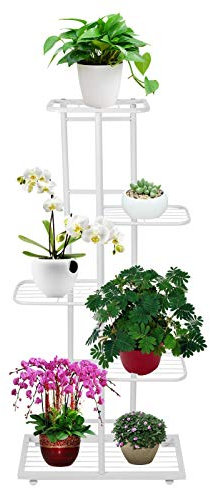 Supporto per Piante a 5 Livelli in Metallo, Scaffale per Fiori Multifunzionale per 6 Vasi da Interno (Bianca)
