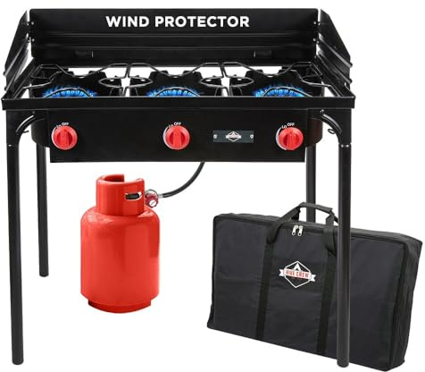 Hike Crew Cast Iron 3-Burner Outdoor Gas Stove | 225,000 BTU Portable Propane Cooktop w/Blue Flame Control, Removable Legs, Temperature Control Knobs, Wind Panel, Hose, Regulator & Storage Carry Case