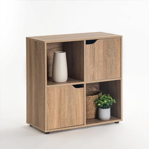 LOLAhome Estantería de Madera, Librería, Estantería Cubo con Puertas y Compartimentos Abiertos, Mueble almacenaje, en Color Natural de 60x29x60 cm para para Estudio,Dormitorio, Salón y Oficina