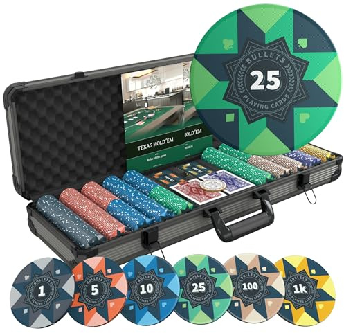Bullets Playing Cards | Pokerkoffer „Paulie“ mit 500 Keramik Pokerchips 10g | Pokerset mit Karten, Würfeln, Dealer Button & Pokerregeln