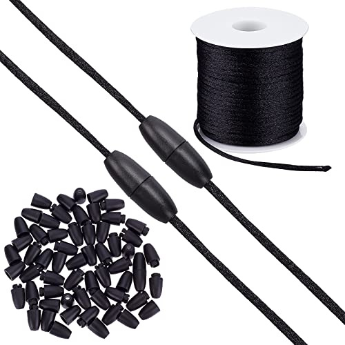 SUNNYCLUE 30 Set Nero 23M Rattail Cordoncino In Raso Cordino In Nylon Setoso con Chiusura Chiusure di Sicurezza A Strappo In Plastica Bulkle per Collane Bracciali Portachiavi Cordini Creazione di Gioi