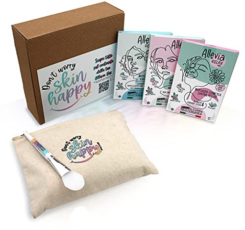 Allevia Set Skincare Viso Completo - Skin care kit con Maschere per il viso Idratante, Antistress, Purificante. Set maschere viso con beauty case e pennello 3x20g