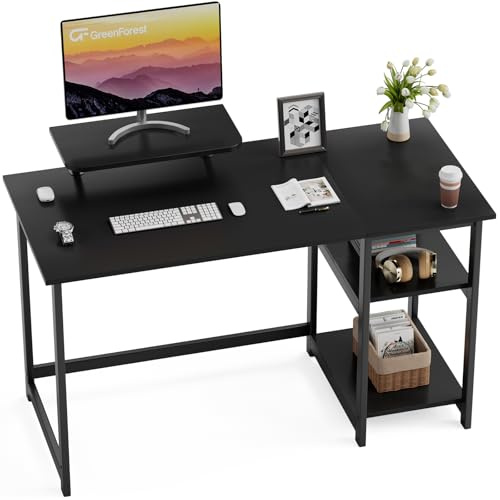 GreenForest Schreibtisch 120cm Mit Stauraum und Monitorständer, Bürotisch für Home Office, Schwarz | Kompakter Arbeitstisch mit Monitorregal, für Heimbüro oder Studentenwohnheim, Schwarz