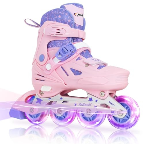 Nattork Inline Skates for Girls and Boys Kids, 4 Sizes Adjustable Inline Skates with Light up Wheels, Illuminating Beginner Roller Skates for Kids & Adult Youth Teal Age 10-12 Size 5 6 7 8