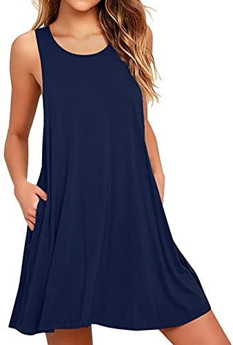Actcat Strandkleid Damen Sommer Ärmellos Leicht Luftig Casual Kleid | Knielang,mit Taschen,Lässiges T-Shirt-Kleid,Freizeitkleid