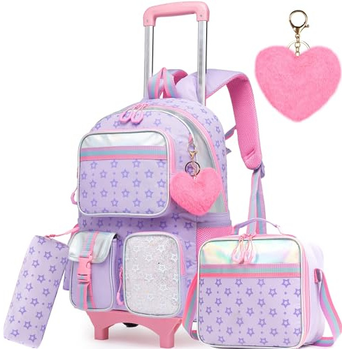 Meetbelify Girls Rolling Backpack with Wheels - Cute Kawaii Carry On Backpack for Elementary Students - Purple
