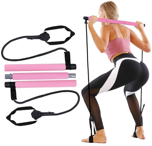 GLKEBY Pilates Stick Kit, mit einstellbarem Widerstand und tragbarem Pilates Übungsstock, geeignet zum Dehnen, Yoga, Shaping, Training, Sit-ups und Gewichtsverlust pink