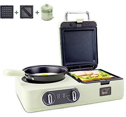Breakfast Maker Multifunctional 3-in-1 Breakfast Maker Station, Sandwich Maker, Waffle Maker, Easy Frying, Roasting, Grilling, Boiling, Steaming for Eggs,Noodles,Sandwiches,Steak,Pancakes, with 2 Deta