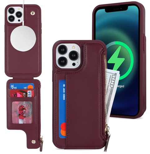 SailorTech iPhone 12 Pro Max fodral med kreditkortshållare MagSafe, iPhone 12 Pro Max telefon läderfodral plånbok för kvinnor kompatibel MagSafe dragkedja stöttåligt fodral för män – vinröd