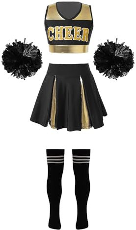 TiaoBug Mädchen Cheerleading Kleidung Set ärmellos Crop Top + Rock + Armband mit Socken Kinder College Strümpfe Schule Show Wettbewerb Outfits N Schwarz-Weiß B 158-164