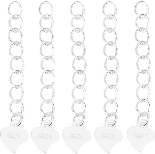 Beebeecraft 1 Box 10Pcs Twisted Extender Chains 925 Sterling Silver Jewelry Extender Extension End Chains with Heart Chain Tabs for Necklace DIY Jewellery Making Crafts (32mm)