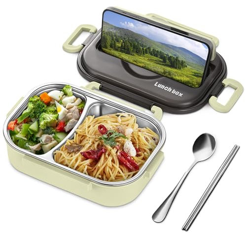 Tiffin Boîte à déjeuner isotherme avec 2 compartiments, construction en acier inoxydable et plastique pour repas quotidiens, travail, voyage, cuillère et baguettes incluses