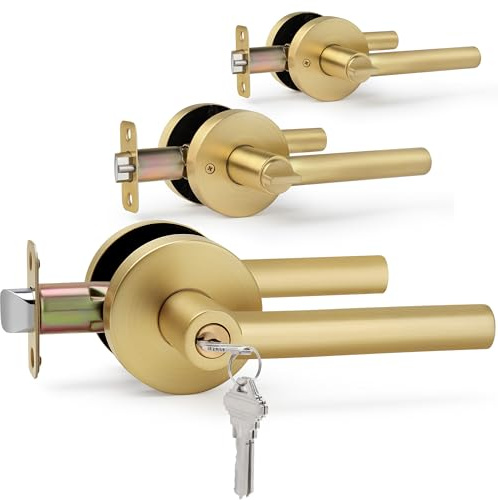 LOQRON Gold Door Handles with Lock and Key (Keyed Alike), Brushed Gold Reversible Round Door Lever, Heavy-Duty Interior/Exterior Gold Door Handle for Bedroom and Bathroom, Satin Brass, 3 Pack