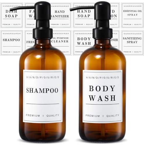 GSrenyu 2 Pack Amber Glass Soap Dispenser with Stainless Steel Pump | 500ML Refillable Bottle, Matched Label Included, for Kitchen Hand Soap Bathroom Dish Soap Storage