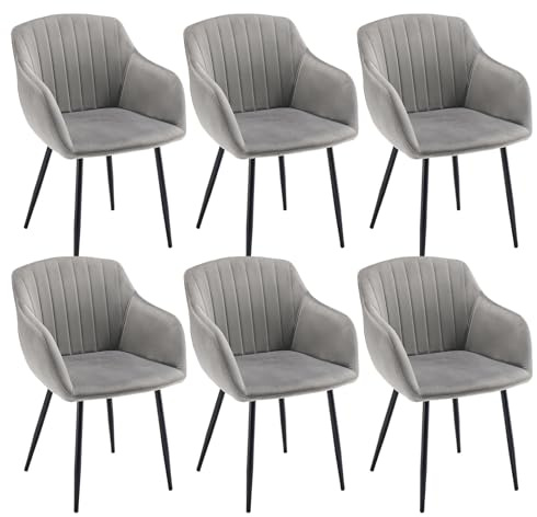 Goeurvant 6er Set Esszimmerstühle mit Armlehnen - Polsterstühle Samt, Moderner Küchenstühle & Armlehnenstuhl mit Metallgestell für Esszimmer, Wohnzimmer, Hellgrau