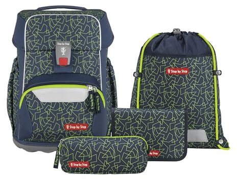Step by Step Basis Schulranzen-Set „Green Geometrics“, 4-teilig, grün, ergonomischer Tornister mit Reflektoren, Hüft- und Brustgurt, für Kinder ab der 1. Klasse, 20 Liter