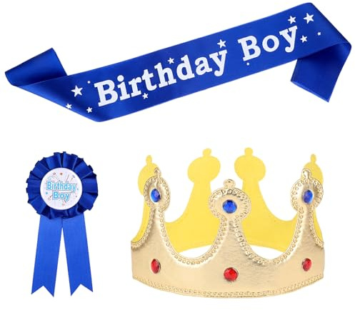 Xthrotsenk Birthday Crown Party Set - Prince Crown Hat, Sash, Button Pin Accessory Costume Headwear & Photo Props for Men's Theme Party Decoration