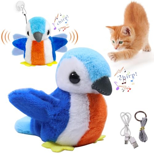 Qunkun Interaktives Katzenspielzeug, Zwitschernder Vogel Katzenspielzeug, Katzenspielzeug Vogel Flattern, Lustige Quietsch-Katzenspielzeug, Flying Bird Cat Toy für Indoor Kitty Kätzchen Übung