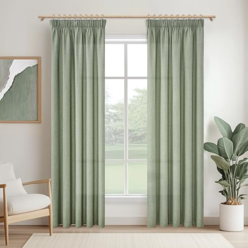 MRTREES Gardinen mit Kräuselband Leinenoptik Halbtransparent Salbeigrün für Wohnzimmer 2er Set, Vorhänge Schlafzimmer 225 cm Lang 140 cm Breit Vorhang Leinen Fenster Kinderzimmer