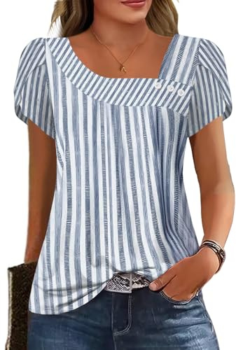 Petal Short Sleeve T Shirts for Women Casual Country Lightweight Summer Fashion Button Decor Tops
