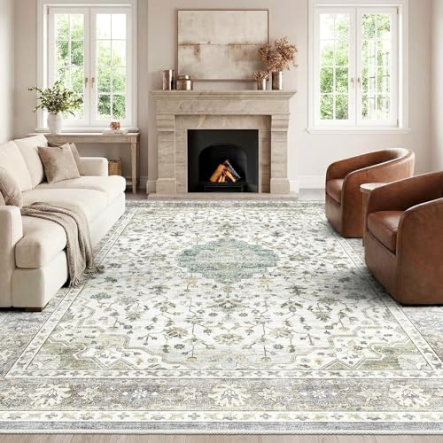 HOMFINE Vintage Teppich Wohnzimmer Hell Grün 119x170 cm Waschbarer Kurzflor Boho Teppiche Weich rutschfest Groß Retro Rugs for Living Room Carpet for Schlafzimmer Esszimmer Küche