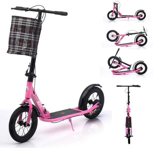 GHBXJX 290mm Scooter BigWheel - Cityroller mit Handbremse und Bremse - Höhenjustierbarer & Zusammenklappbarer Roller mit Ständer - Sportlicher Kinder, & Erwachsenenroller für bis zu 150kg,Rosa