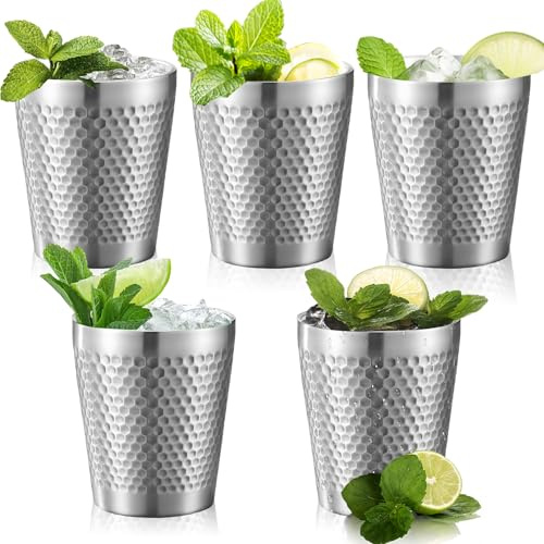 PORFOYO 5 Stück Edelstahlbecher 300 ml, Edelstahltasse Doppelwandig Isoliert Metall Bruchsicher, Stapelbar Metallbecher, Camping Becher, Hammermuster Edelstahl Becher Kaffeebecher für Zuhause, Reisen