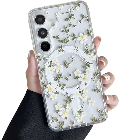 ZTOFERA Magnetiskt fodral för Samsung Galaxy S25 5G, blommigt mönster transparent mobilskal kompatibelt med Wireless Lade, mjukt skyddande mobilskal – - stora vita blommor