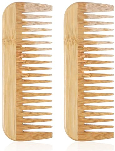 Bred tandad träkam, träkam för lockiga, 2 stycken kvinnor handgjorda träkammar, kam av naturlig bambu lämplig för kvinnor, antistatisk bambukam