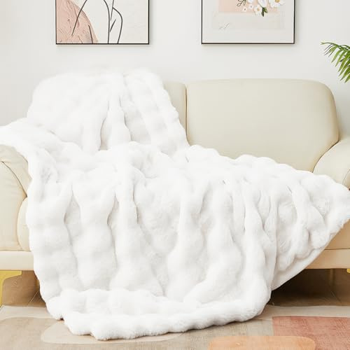 Latepis White Faux Fur Queen Cozy Bubble Soft Fuzzy Thick Living Room Blanket for Bed Sofa Bedroom Plush Fluffy Warm Blanket for All Seasons Luxury Throw 229 * 229cm, 860gsm