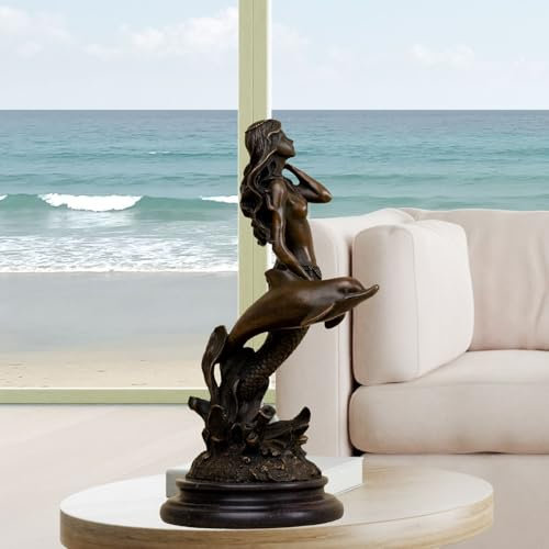 Bronzefarbene Meerjungfrau-Statue, 35,8 cm H Sirene, Meerjungfrau-Skulptur, Küstendekoration, handgefertigtes Kunststück, Ozean-inspirierte Skulpturkunst