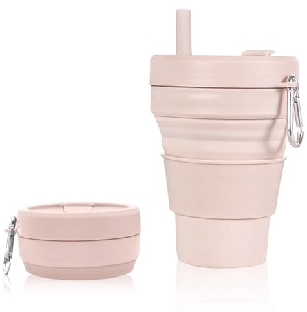 Jinfanshurich Vaso de silicona plegable de 473 ml – Taza de viaje reutilizable con tapa y pajita, sin BPA y ahorra espacio para camping, senderismo, picnic y viajes