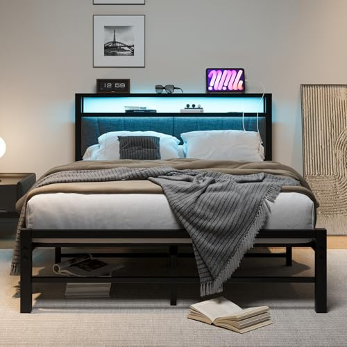 BORPHOM Sängklädsel, 140 x 200 med LED-belysning, sängram med ribbotten av metall, sängram, metallsäng, 140 x 200 med sänggavel och laddningsstation, enkel montering, dubbelsäng, ungdomssäng, svart