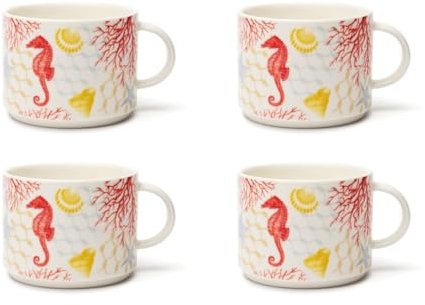 Excelsa Coral Set 4 Tazze Jumbo in New Bone China, Design Corallo Marino con Cavalluccio