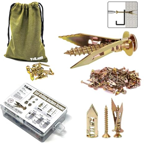 Self Drilling Drywall Anchors and Screws Kit, Heavy Duty Steel Wall Anchors,No Drill or Holes in Wall Mounting Hardware Repair Tools for Pictures and Furniture,TV, Shelf Straps, Cabinets (20, 1.57)