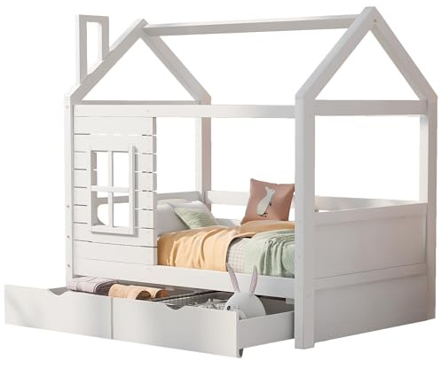 Goldicoo Montessori Hausbett 80X160 mit Rausfallschutz und Lattenrost, Kinderbett aus Holz mit 2 Schubladen