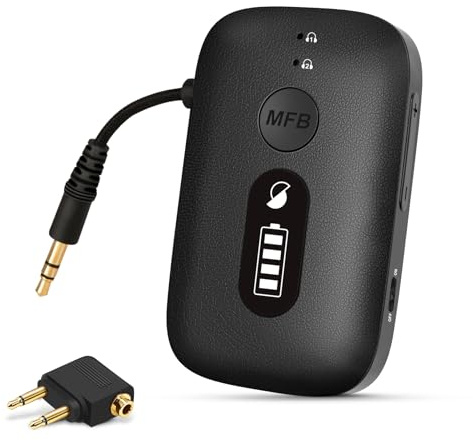 SIMOLIO Adattatore Bluetooth per Aereo, Supporta 2 Airpods e Cuffie Wireless,20 Ore da Batteria, Trasmettitore Wireless Audio AUX da 3,5 mm per tv,per Volo, TV, Palestra, Viaggio